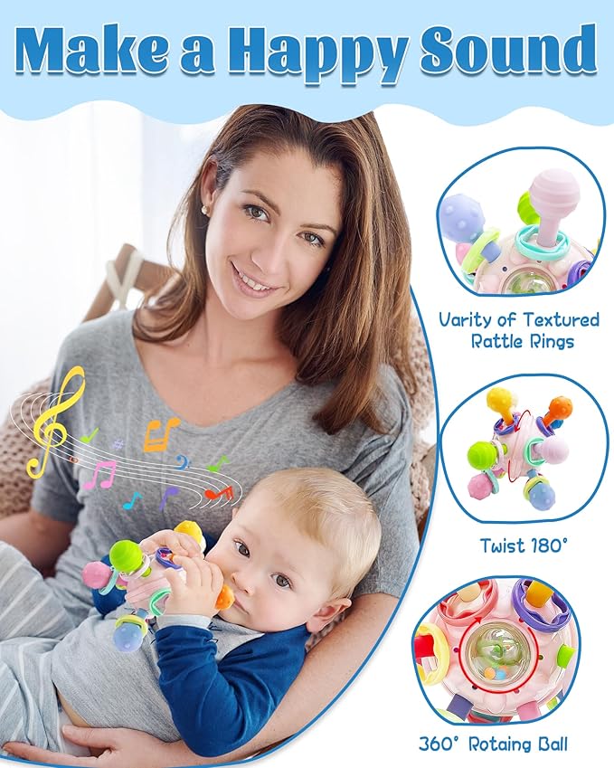 Baby Teething Toys for Babies Girl Toys Gifts, Rattles Chew Sensory Montessori Toys for Newborn Infants, Tummy Time Shower Gifts for Babies - Pink