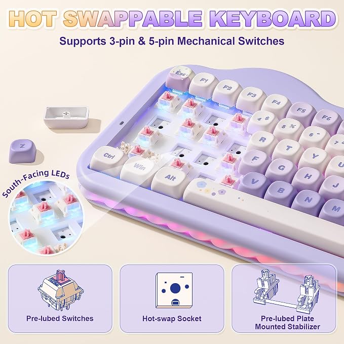 YUNZII C75 Cute 75% Wireless Mechanical Keyboard (Purple, Candy Switch) | Creamy Cake Keyboard, BT5.0/2.4G/USB-C, Hot-Swap, NKRO, PBT MOA Keycaps,5500mAh RGB Gasket Mount for Mac/Win/Gaming/Office