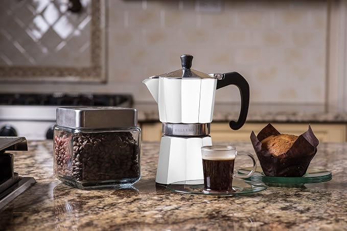 Bellemain Stovetop Espresso Maker Moka Pot (White, 3 Cup) | Classic aluminum design brews rich espresso at home or camping, with an easy-to-use and easy-to-clean design.