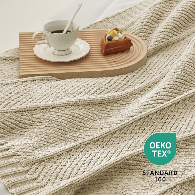 Knit Throw Blanket, Soft Chenille Cozy Breathable Chevron Chunky Decorative Blanket for Couch, Bed & Sofa, French-Inspired Lightweight Warm Gift for Women, Beige, 50"x60"