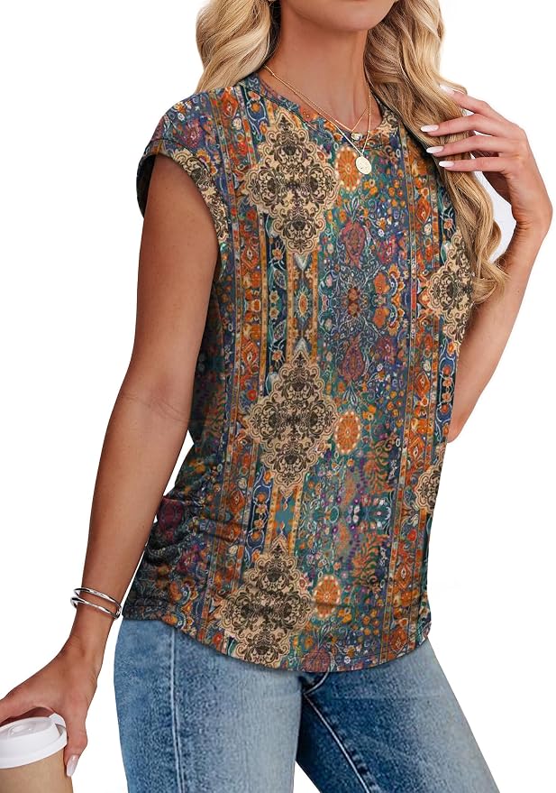 Sampeel Womens Summer Tops Trendy 2026 Ruched Cap Short Sleeve Tshirts Shirts Crew Neck T Shirts Fashion