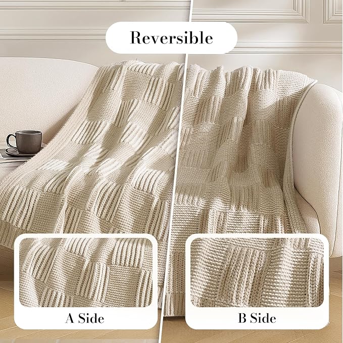 Knit Throw Blanket, Soft Chenille Cozy Breathable Dual Tone Checkered Chunky Decorative Blanket for Couch, Bed & Sofa, French-Inspired Lightweight Warm Gift for Women, Beige, 50"x60"
