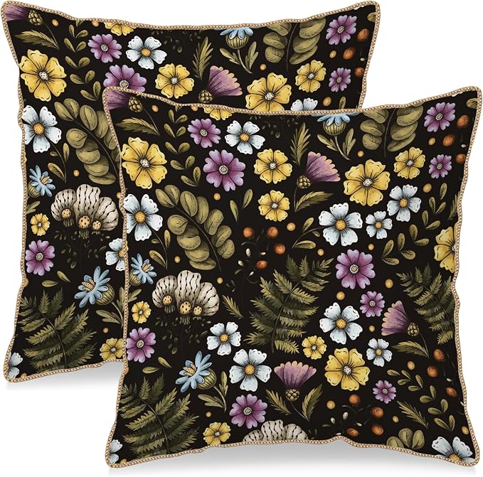Blue Yellow Purple Floral Soft Velvet Throw Pillow Covers Set of 2 Plant Botanical Flowers Decorative Pillow Covers 20x20 In Vintage Black Pillow Case For Sofa Couch Living Room Farmhouse Home Decor