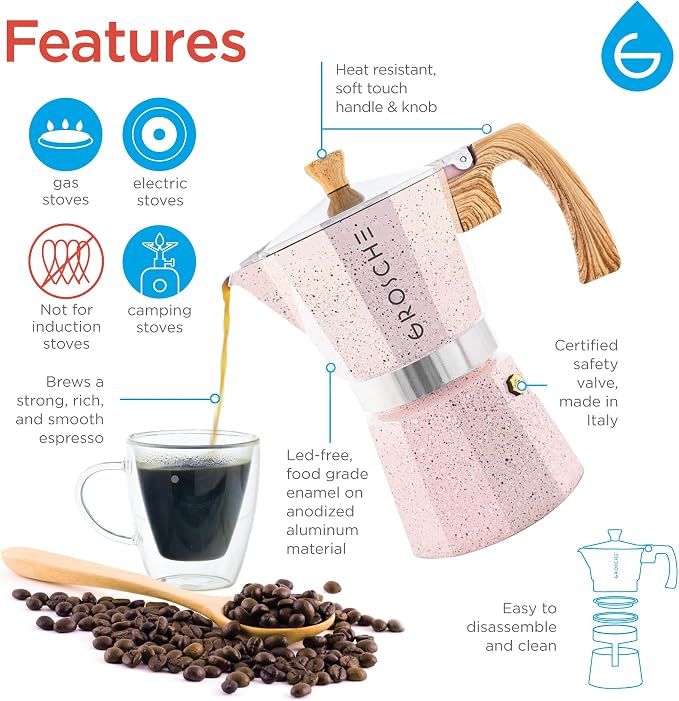 GROSCHE Milano Moka pot, Stovetop Espresso maker, Greca Coffee Maker, Stovetop coffee maker and espresso maker percolator (Pink, 3 cup) | Cuban Coffee Maker And Italian Moka Pot For Stovetop Espresso; For Gas, Electric, And Propane Stoves With A Soft-T...