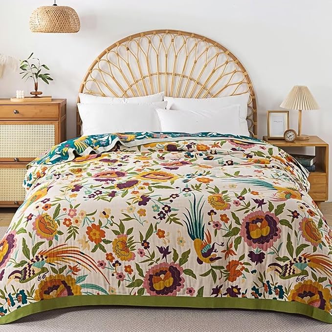 Boho Throw Blanket for Bed 100% Cotton Bohemian Blankets Ultra Soft Woven Muslin Decorative Blankets All Seasons Vintage Quilt Knitted Blanket for Sofa Chair(Beige, 90"x98")