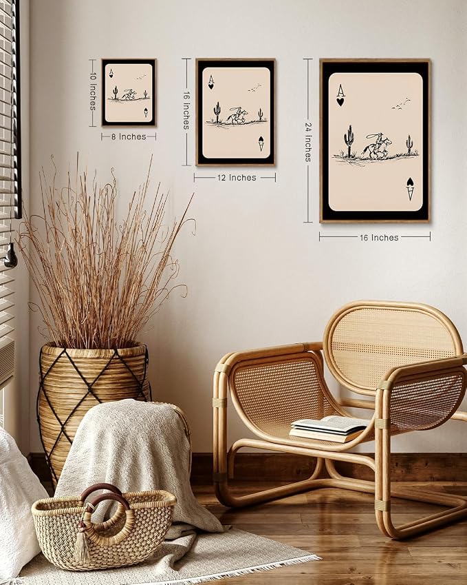 ZZLWBKGL Western Wall Decor Cowboy Poker Canvas Art Vintage Framed Wall Art | Cactus Artwork Mid Century Picture Southwest Farmhouse Paintings for Bedroom Living Room 16x24in
