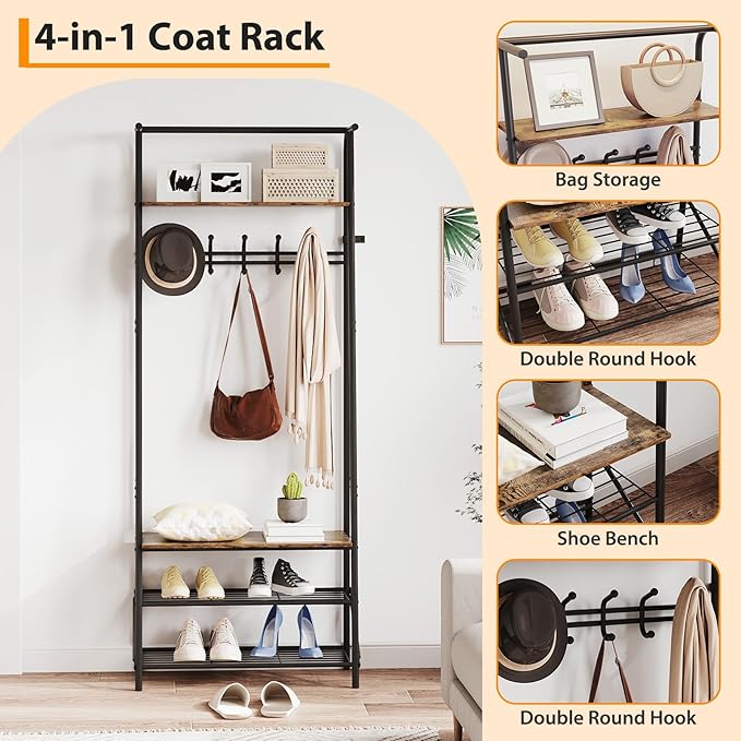 Coat Rack, Floorstanding Hall Tree with Shoe Rack, Wooden and Metal Coat Stand, Industrial Clothes Rack, for Hallway, Living Room, Bedroom, 25.2''x11.4''x70'', Rustic Brown