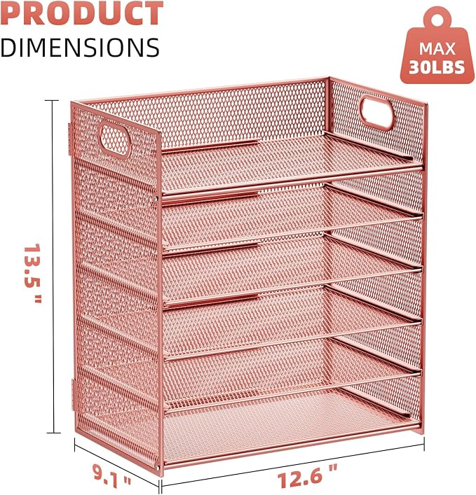 Marbrasse 6 Tier Paper Organizer Letter Tray - Mesh Desk File Organizer with Handle, Paper Sorter Organizer for Letter/A4 Office File Folder Holder - Rose Gold