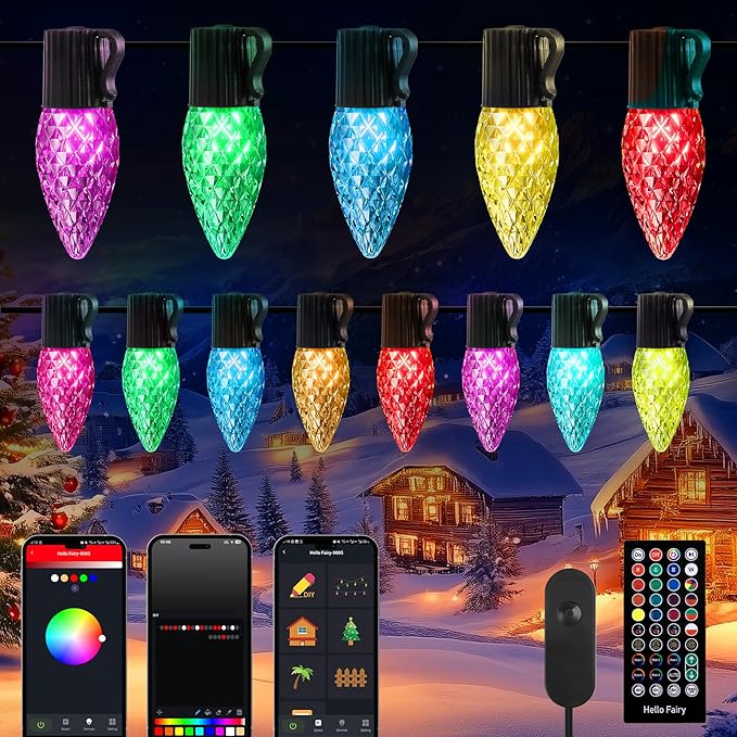 Brightown C9 LED Christmas Lights Outdoor, 200LED RGB Smart Christmas Tree Lights Music Sync DIY APP Controlled, Waterproof Connectable C9 String Lights for House Indoor Patio Xmas Decoration