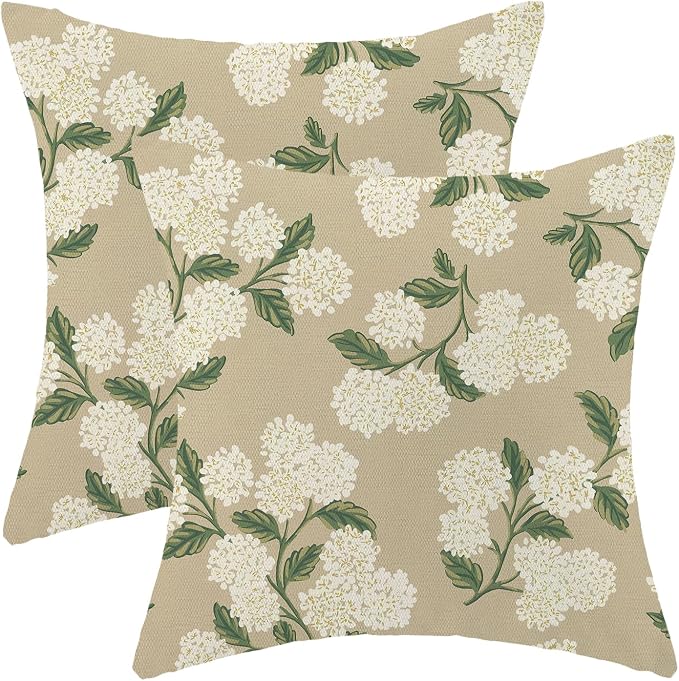 AEIOAE Spring Pillow Covers 22x22 Inch Set of 2, Beige Green Hydrangea Flower Throw Pillows Case,Floral Summer Outdoor Seasonal Decorative Farmhouse Decor Cushion Covers for Home Sofa Bed Couch