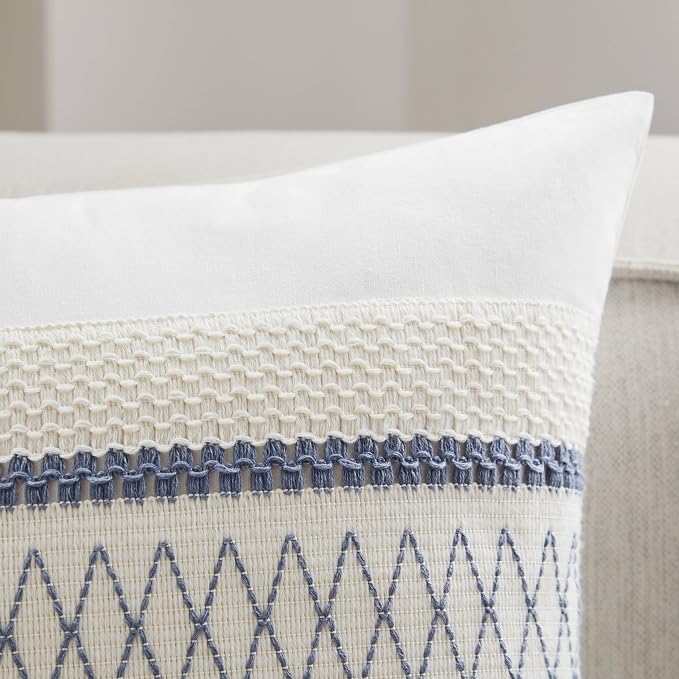 2pk Boho Pillow Covers 12x20, Natural White/Grid/Blue | 100% Organic Cotton Body, Stripe Embroidery, Farmhouse Decorative Cushion Covers for Sofa Bed Living Room Home Decor