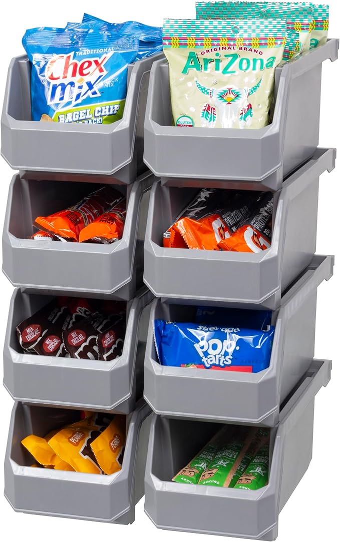 ReadySpace Plastic Containers for Organizing and Storage Bins for Closet, Kitchen, Office, Garage or Pantry Organization, Stackable Bins, Medium (11" x 5" x 5.5"), 8-Pack, Grey