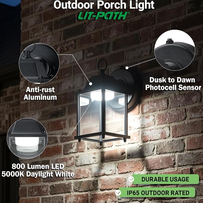LIT-PaTH Small Outdoor LED Wall Lantern with Dusk to Dawn Photocell, 5000K Daylight White, 9.5W, 800 Lumen, Aluminum Housing Plus Glass, Outdoor Rated, 1-Pack, Black