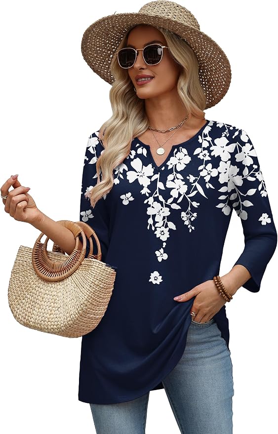 OFEEFAN Summer Boho Tops For Women 3/4 Length Sleeve Womens Tops Vacation Outfits