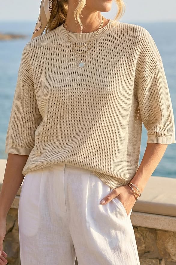 Arach&Cloz Womens Summer 100% Cotton Oversized Crochet Tops 3/4 Length Sleeve Sweater Hollow Out Casual Blouses 2026