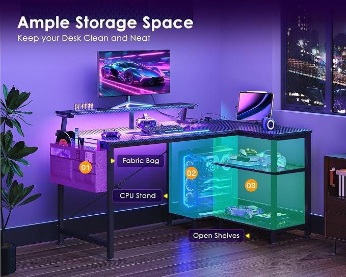 ODK 40 Inch L Shaped Gaming Desk with LED Lights, Power Outlets, Black | Adjustable Monitor Stand, Open Storage Shelves, Hanging Side Bag, PC Tower Stand, Reversible Layout for Gaming