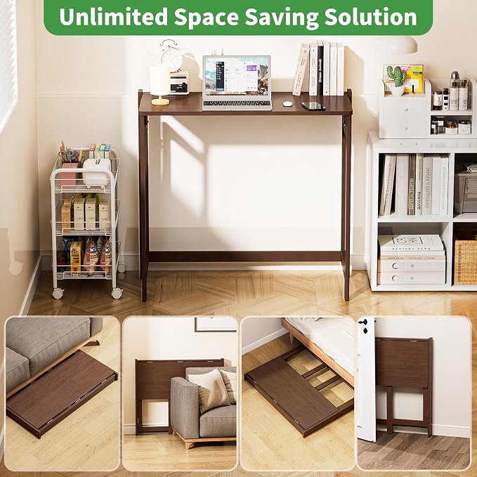 Folding Desk for Small Spaces, Bamboo Foldable Desk, Small Computer Table | Small Computer Desk, Mid Century, Fold Out，Compact Size, for Bedroom, Living Room, Apartment, Home Office