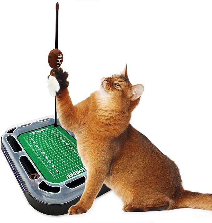 Pets First NFL BALTIMORE RAVENS FOOTBALL FIELD CAT SCRATCHER TOY with CATNIP Filled Plush FOOTBALL Toy & Feather Cat Toy hanging, with Jingle Bell INTERACTIVE BALL Cat Chasing 5-in-1 KITTY Toy