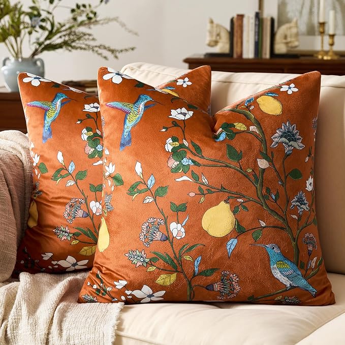 MUSSEL Burnt Orange Velvet Floral Decorative 16x16 Pillow Covers Set of 2 | Soft Durable and Sturdy,Bird Plant,Throw Pillows Case,Square,Colorful Boho Modern Cushion Covers,Home Sofa Couch Decor