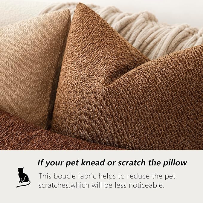 Foindtower Pack of 2, Decorative Textured Boucle Throw Pillow Covers Neutral Accent Solid Pillow Cases Cozy Soft Couch Cushion Case for Chair Sofa Bedroom Living Room Home Decor 22x22 Inch Hazel Brown