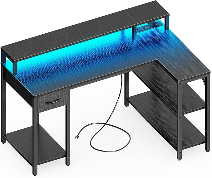 SUPERJARE 47 inch L Shaped Gaming Desk with LED Lights & Power Outlets, Reversible Computer Desk with Shelves & Monitor Stand, Corner Desk with Drawer, for Home & Office, Black