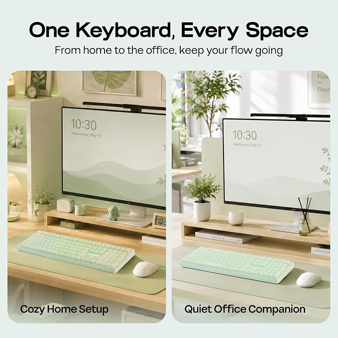 MechLands M108 100% Full Size Silent Office Keyboard with Number Pad | Wireless Creamy Membrane Keyboard with 5000mAh Battery for Office/Home/PC Game, RGB Backlight, 26-Key Rollover (Green)