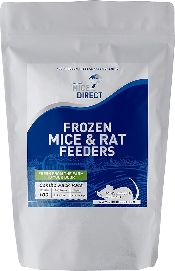 MiceDirect Frozen Rat Combo Pack Rat Weanlings & Rat Smalls Feeder Snake Food for Adult Ball Pythons, Monitors, Lizards, 40 Ounce (100 Count)