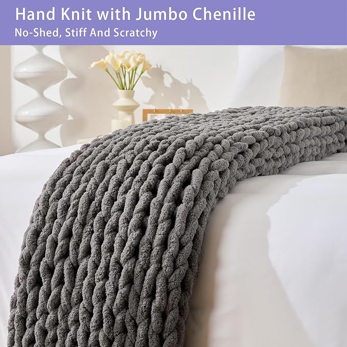 Bigacogo Chunky Knit Throw Blanket for Couch, 40x40 inches, Slate Gray | Hand Knit with Jumbo Chenille, Soft Breathable Cable Knit for Sofa Bed Living Room, Machine Washable, Gift for Mom Friend