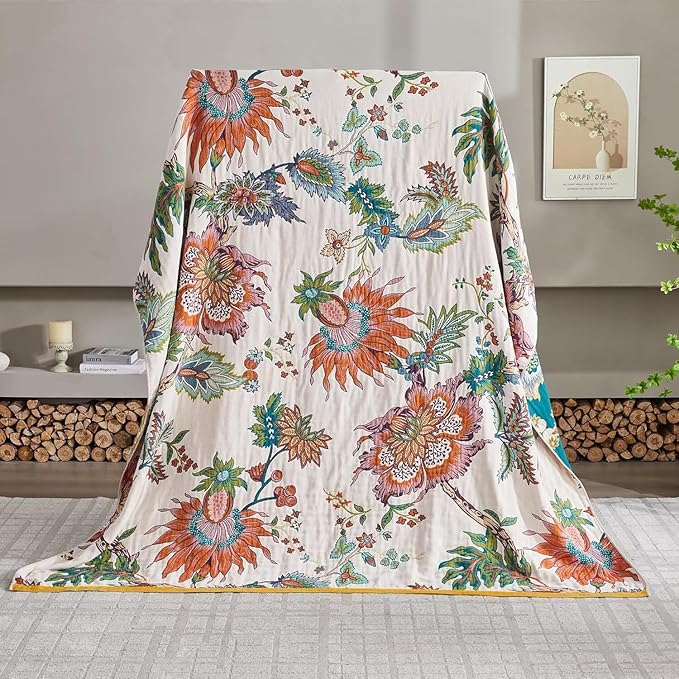 Boho Throw Blanket for Bed 100% Cotton Bohemian Blankets Ultra Soft Woven Muslin Decorative Blankets All Seasons Vintage Quilt Knitted Blanket for Sofa Chair(Beige, 50"x60")