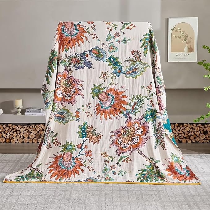 Boho Throw Blanket for Bed 100% Cotton Bohemian Blankets Ultra Soft Woven Muslin Decorative Blankets All Seasons Vintage Quilt Knitted Blanket for Sofa Chair(Beige, 60"x80")