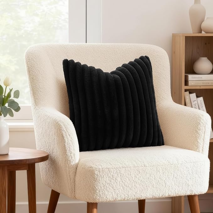 decorUhome Fall Faux Fur Throw Pillow Covers 20x20 Set of 2 Black | Decorative Soft Cozy Striped Plush Modern Farmhouse Boho Couch Pillow Cases Velvet Back for Sofa Bed Living Room Home Decor