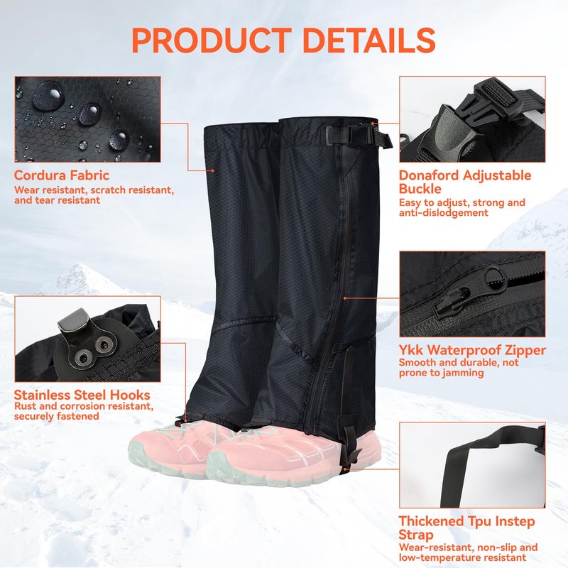 OrrinSports Gators for Hiking Boots with Upgraded Zipper Gaiters for Hiking Snow Waterproof Lightweight Leg Gaiters for Men Women Medium