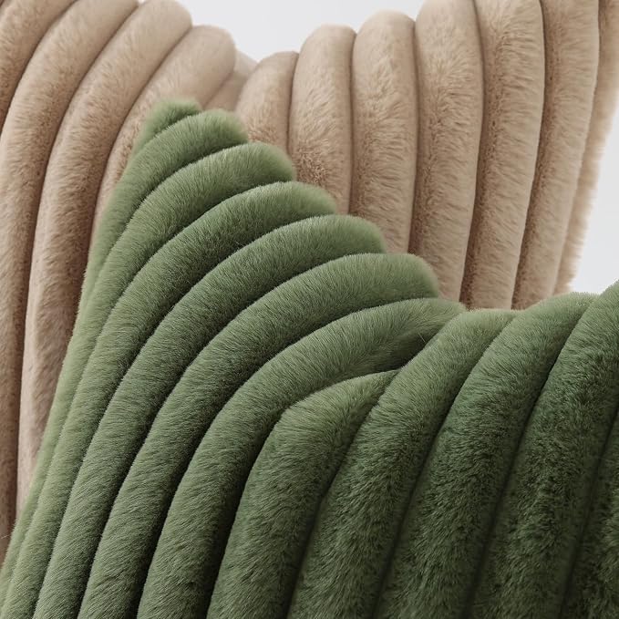 decorUhome Fall Faux Fur Throw Pillow Covers 16x16 Set of 2 Olive Green | Decorative Soft Cozy Striped Plush Modern Farmhouse Boho Couch Pillow Cases Velvet Back for Sofa Bed Living Room Home Decor