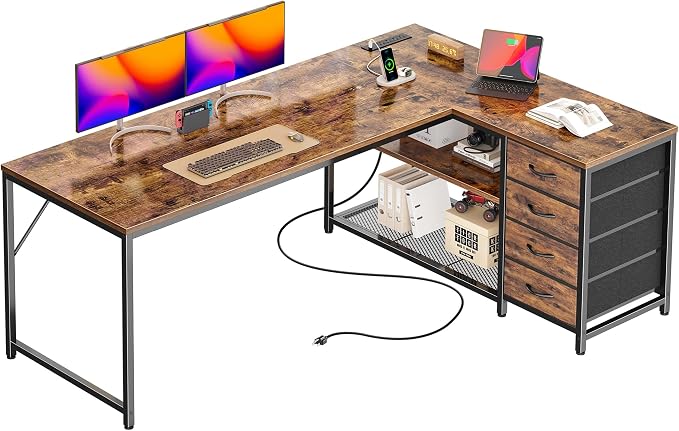 PRAISUN 61" L Shaped Desk with Power Outlets & USB-C Port, Reversible Computer Corner Office Desk with 4 Fabric Drawers and 2 Storage Shelves, Large Desk for Gaming Writing Study, Rustic Brown