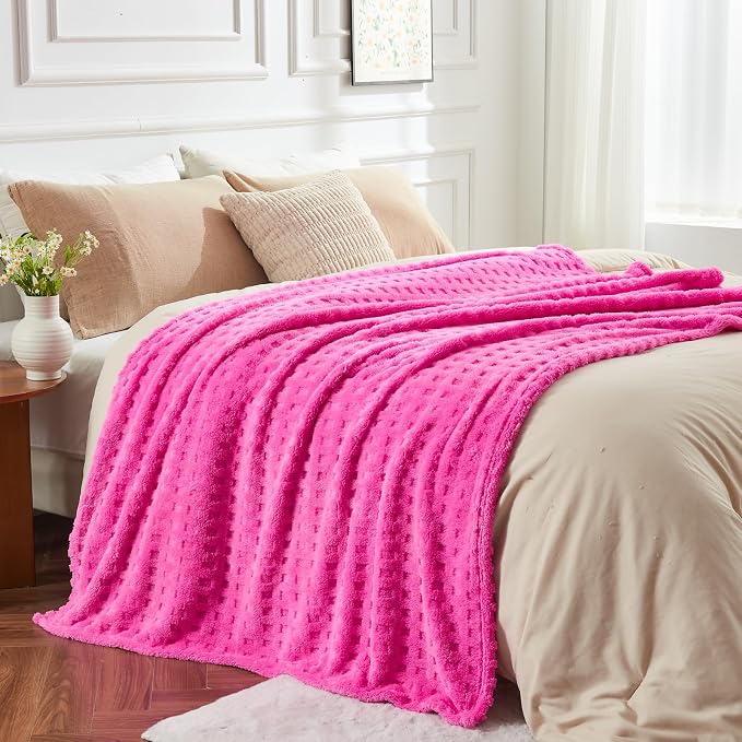 NEWCOSPLAY 3D Waffle Checkered Flannel King Blanket, Hot Pink, 90"x110" | Super Soft Cute Lightweight Decorative Premium Silky Fleece Blanket for Couch Sofa Bed, Gift for Women Men, All Season Use