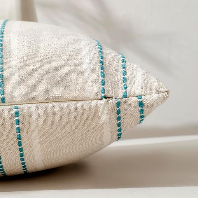 Hckot Stripe Throw Pillow Covers 16x16 Set of 2 Teal Blue Pillow Covers | Farmhouse Decorative Pillows Textured Linen Square Cushion Covers for Sofa Couch Bed Living Room Decor