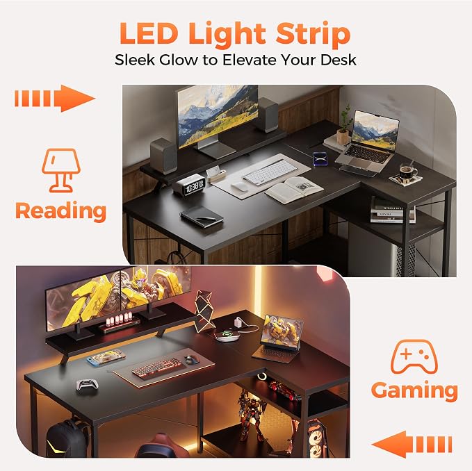 Mericonia 40 in Corner Desk with Monitor Stand, Small L Shaped Gaming Desk | Reversible Computer Desk with Power Outlets, LED Light & Storage Shelves, Office Table for Home Bedroom Study Work Writing