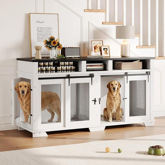 71'' Dog Crate Furniture for 2 Dogs, Extra Large Double Dog Kennel Indoor with Removable Divider and Storage Drawers, Wooden Dog Crate TV Stand for Large Medium Dogs