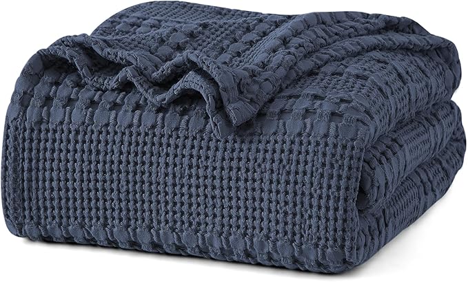 PHF 100% Cotton Waffle Blanket Twin Size, Lightweight Breathable Summer Blanket for Hot Sleepers, Pre-Washed Soft Layer for Bed, Dorm, Couch & Guest Room, Home Decor Gift, 66"x90", Indigo