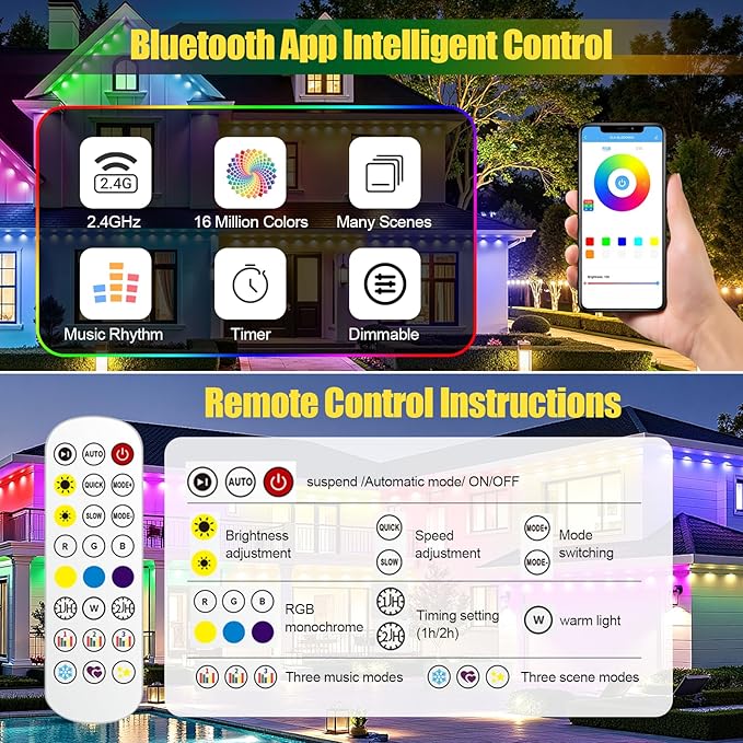 Permanent Outdoor Lights, 200ft RGB+IC Smart LED Eaves Lights, IP67 Waterproof Permanent Outdoor Lighting with App/Remote for Daily, Christmas, Halloween,Valentine's Day, Holiday, Party Outdoor Decor