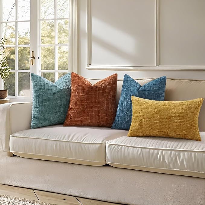 decorUhome Textured Chenille Throw Pillow Covers 22x22 Set of 2 Navy Blue | Fall Modern Farmhouse Soft Cozy Slubby Couch Pillow Cases Boho Decorative Pillow Cases for Bed Sofa Living Room Home Decor