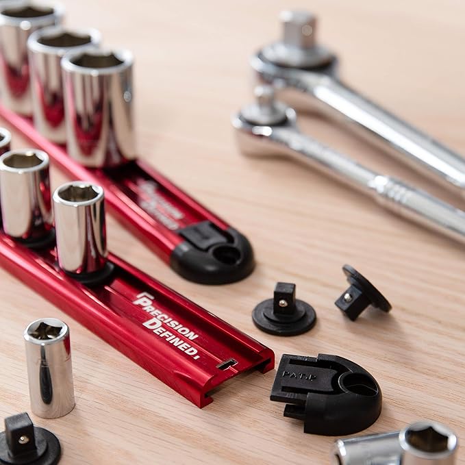 Precision Defined Aluminum Tool Holder | Red Single 1/2-Inch Socket Organizer x 14 Clips | Heavy Duty Rotating Socket Tray