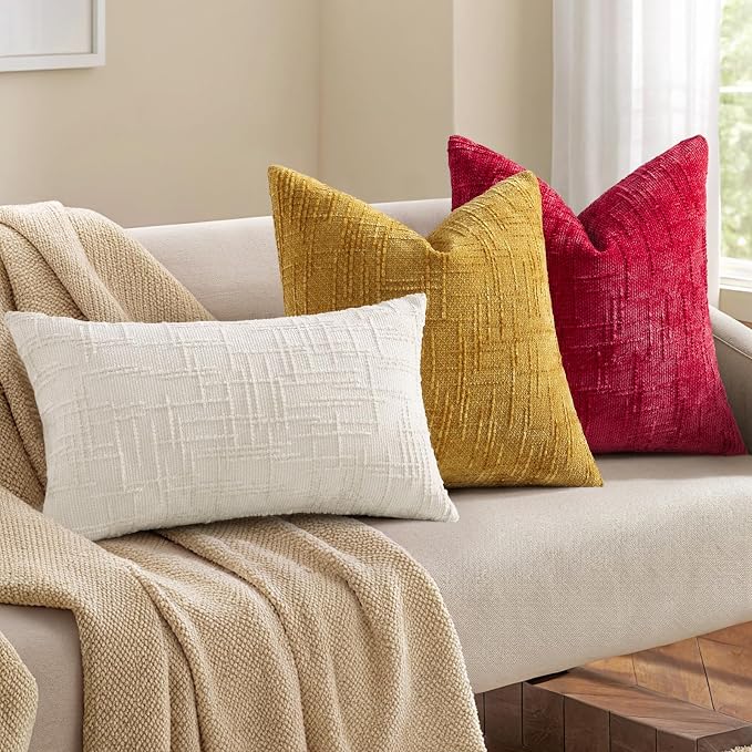 decorUhome Textured Chenille Throw Pillow Covers 16x16 Set of 2 Red | Fall Modern Farmhouse Soft Cozy Slubby Couch Pillow Cases Boho Decorative Pillow Cases for Bed Sofa Living Room Home Decor