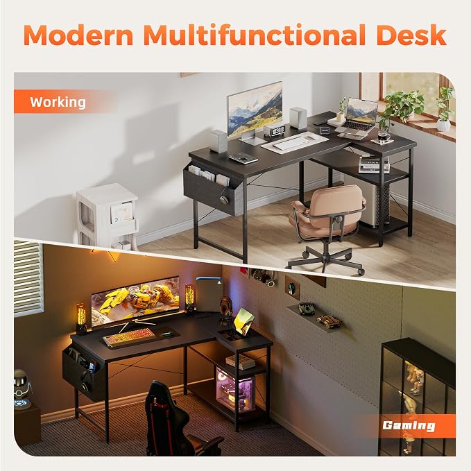 Mericonia 47 inch Corner Desk with Shelves, Small L Shaped Gaming Desk | Reversible Computer Desk with Power Outlets & Storage Bag, Office Table for Home Bedroom Study Work Writing