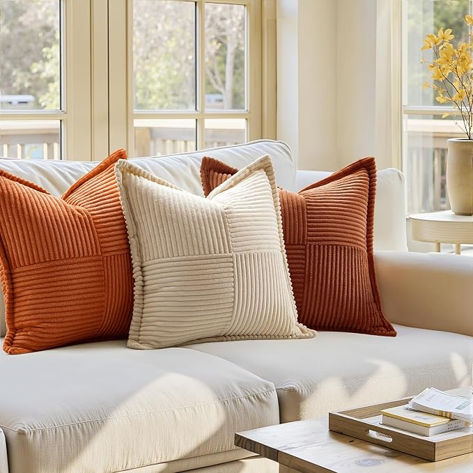 MIULEE Fall Dark Rust Decorative Euro Sham Throw Pillow Covers for Couch Bed Livingroom 24x24 Inch Set of 2 Boho Accent Throw Pllows Broadside Striped Patchwork Soft Corduroy Pillowcases, Terracotta