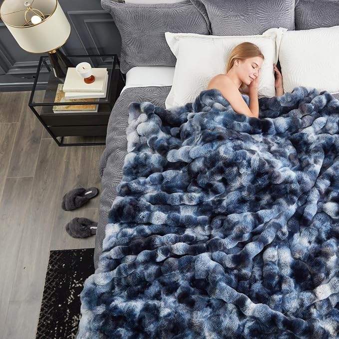 Cozy Bliss Faux Fur Throw Blanket for Couch, Fuzzy Soft Plush Thick Bubble Blanket for Sofa Bedroom Living Room, 108 * 90 Inches Tie Dye Blue