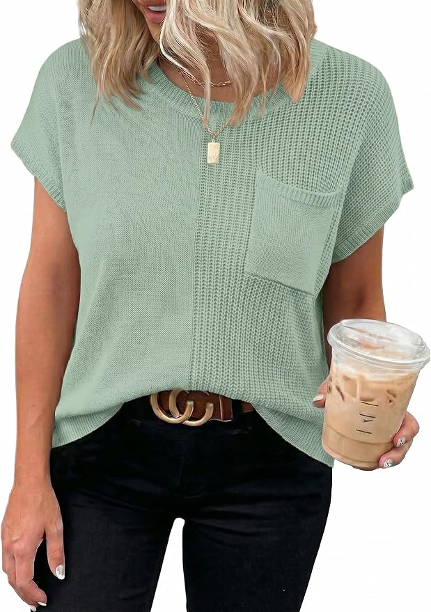 Dokotoo Summer Knit Tops for Women Sleeveless Crewneck T Shirts Casual Lightweight Sweater Blouses Shirts
