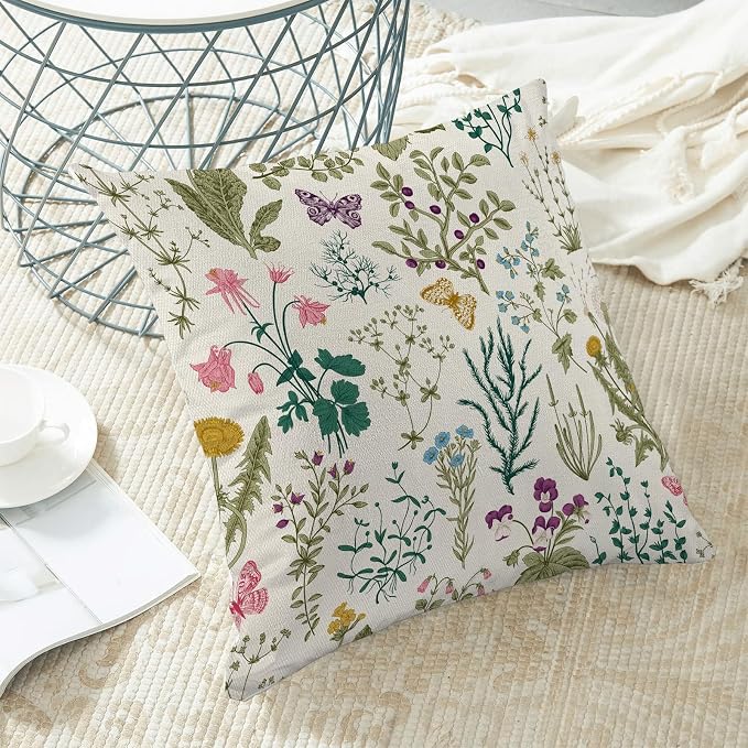 AEIOAE Spring Pillow Covers 22x22 Inch Set of 2,Sage Green Teal Wild Flower Plant Throw Pillows Case,Seasonal Floral Outdoor Decorative Linen Farmhouse Decor Cushion Covers for Home Sofa Bed Couch