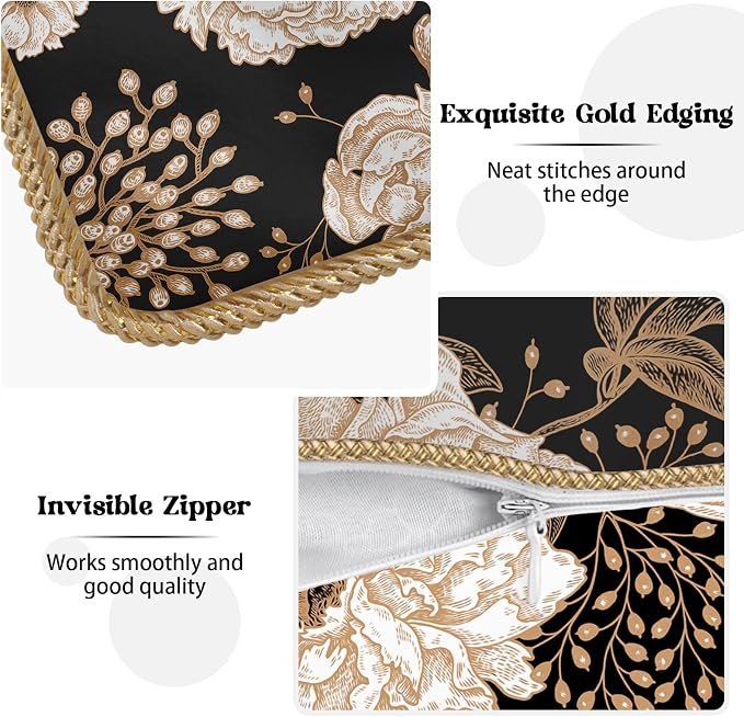 KSLIDS Vintage Peony Roses Floral Soft Velvet Throw Pillow Covers Set of 2 White Roses Flower Bloom Leaves Decorative Pillow Covers 18x18 Inch Black Gold Cream Pillow Case for Sofa Couch Home Decor