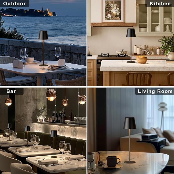Kakanuo Cordless Table Lamp, 3 Color Stepless Dimming, 5000mAh Rechargeable Battery Powered, Outdoor LED Lamps, for Dining Room, Living Room, Bedroom, Bar, Cafe, Restaurant, Patio, Camping - Black